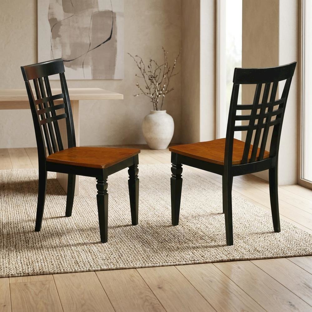 Traditional Solid Wood Dining Chair with Wood Seat, Black & Cherry, Set of 2