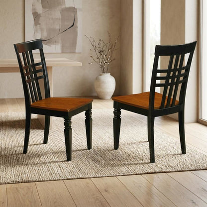 Traditional Solid Wood Dining Chair with Wood Seat, Black & Cherry, Set of 2