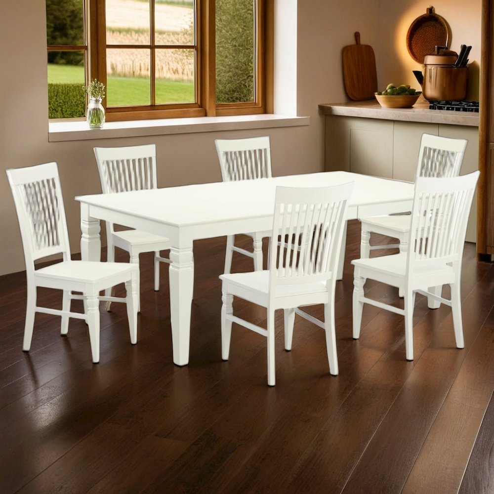 Elegant White Rectangular Dining Table Set for 6 with Wooden Chairs