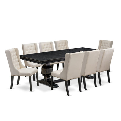 9 piece modern dining set of a wooden table and 8 Linen Fabric dining chairs