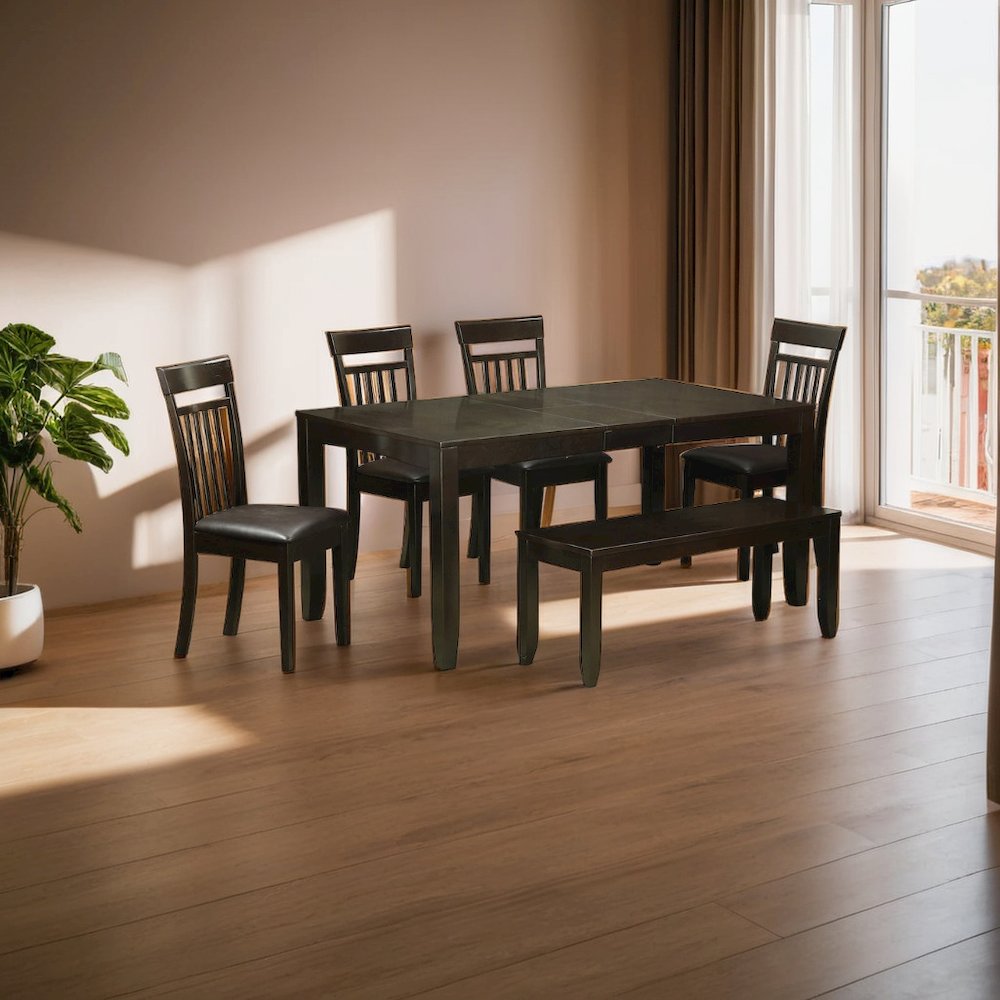 Dining Table Set for 6 with Leaf Extension, 4 Chairs, and Bench