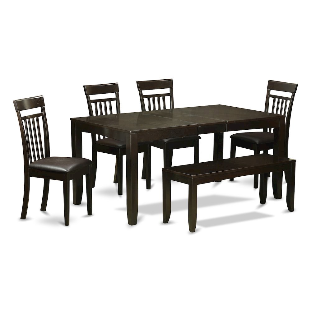 Dining Table Set for 6 with Leaf Extension, 4 Chairs, and Bench