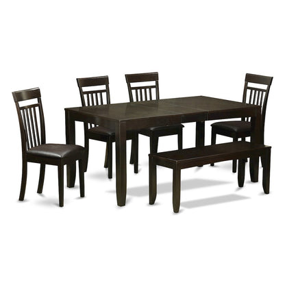 Dining Table Set for 6 with Leaf Extension, 4 Chairs, and Bench