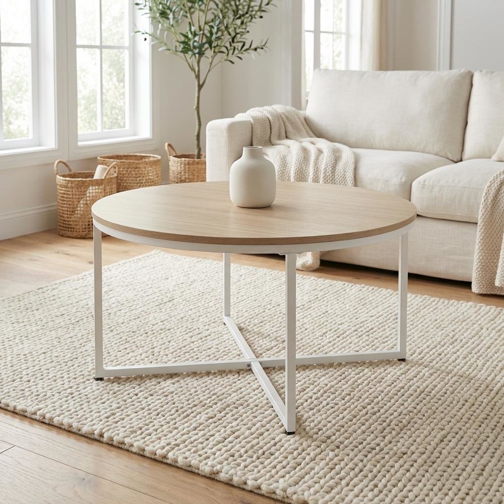 White Round Coffee Table Solid Wood Construction with Powder Coating