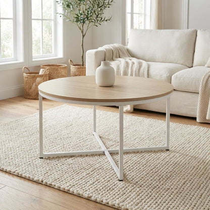 White Round Coffee Table Solid Wood Construction with Powder Coating