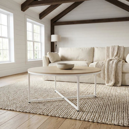 White Round Coffee Table Solid Wood Construction with Powder Coating