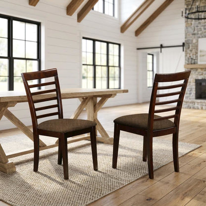 Solid Wood Ladder-Back Dining Chair with Linen Upholstered Seat, Mahogany, Set of 2