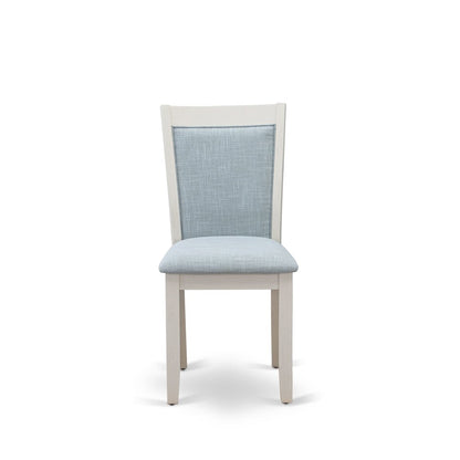 V026MZ015-5 5-Piece Dining Room Set Contains a Dining Table and 4 Baby Blue Upholstered Chairs - Wire Brushed Linen White Finish