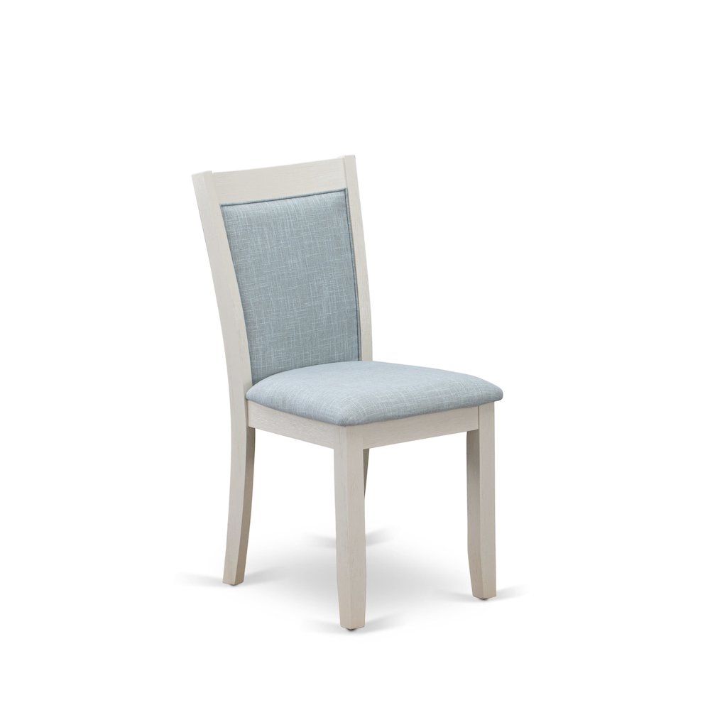 V026MZ015-5 5-Piece Dining Room Set Contains a Dining Table and 4 Baby Blue Upholstered Chairs - Wire Brushed Linen White Finish