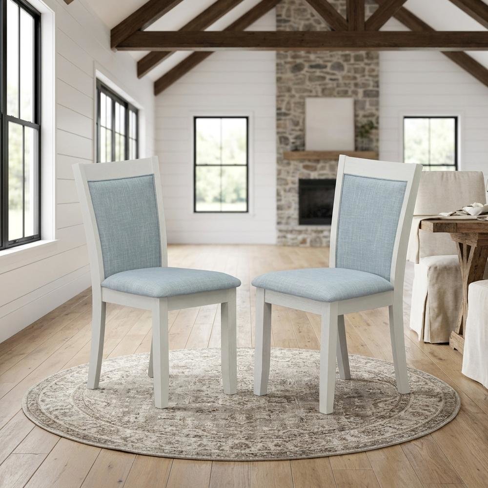 Solid Wood Linen-Upholstered High-Back Dining Chairs, Baby Blue, Set of 2