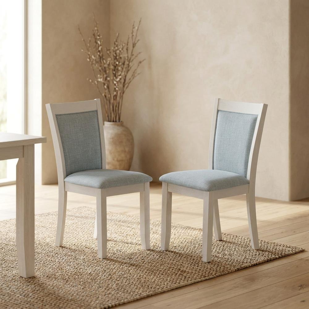 Solid Wood Linen-Upholstered High-Back Dining Chairs, Baby Blue, Set of 2