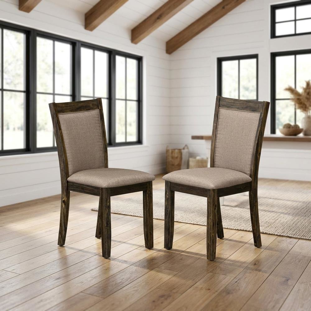 Solid Wood High-Back Linen Upholstered Dining Chairs, Dark Khaki, Set of 2