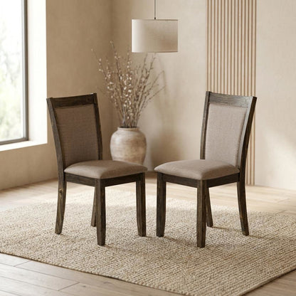 Solid Wood High-Back Linen Upholstered Dining Chairs, Dark Khaki, Set of 2