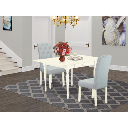 1MZCE3-LWH-15 3Pc Dining Table Set Contains a Wood Dining Table and 2 Upholstered Dining Chairs with Baby Blue Color Linen Fabric, Drop Leaf Table with Full Back Chairs, Linen White Finish