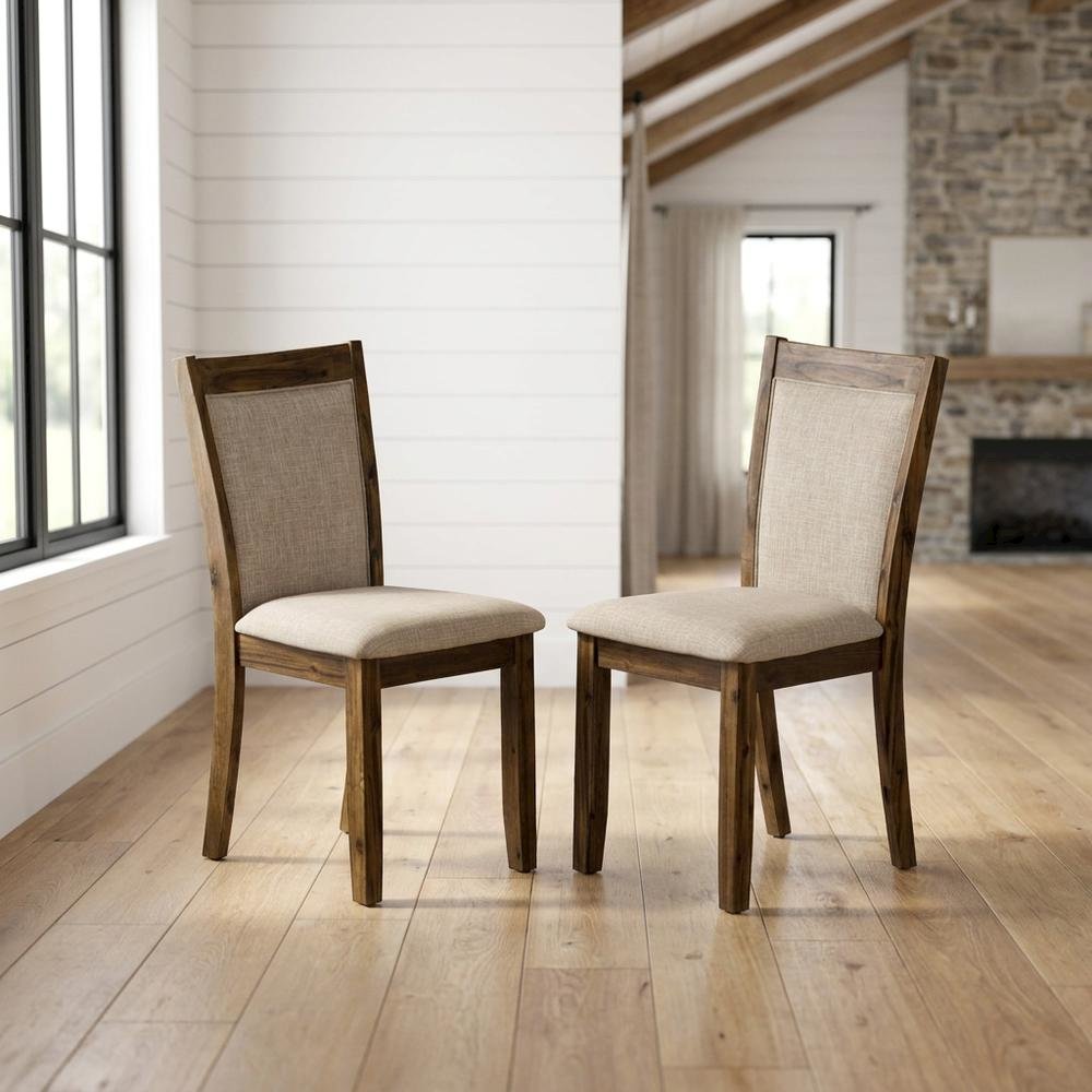 Solid Wood Linen-Upholstered Dining Chairs with High Back, Set of 2, Light Tan