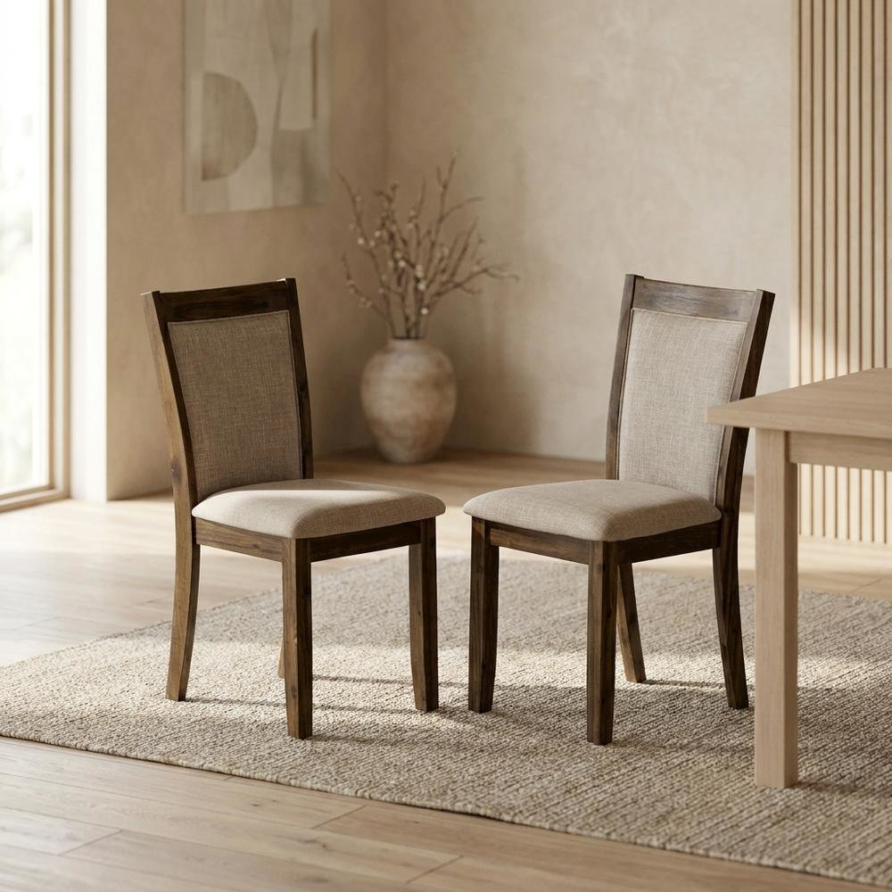 Solid Wood Linen-Upholstered Dining Chairs with High Back, Set of 2, Light Tan
