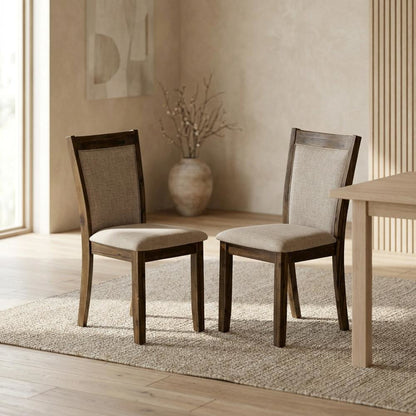 Solid Wood Linen-Upholstered Dining Chairs with High Back, Set of 2, Light Tan