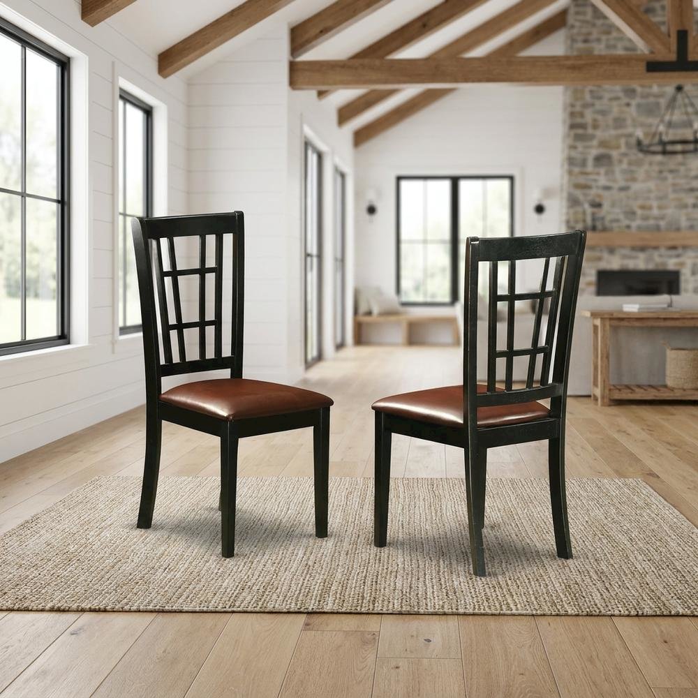 Solid Wood Dining Chair with Faux Leather Seat, Traditional, Set of 2