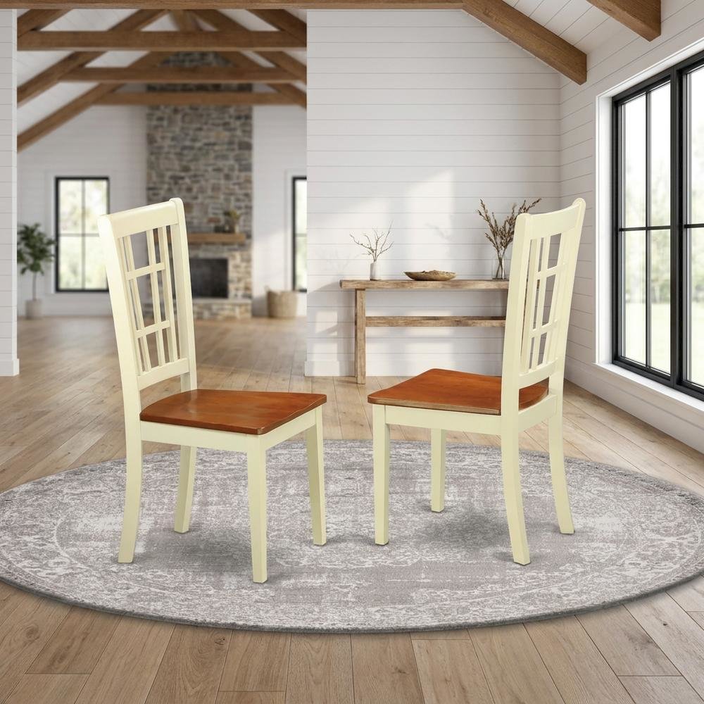 Solid Wood Dining Chairs, Traditional Wooden Kitchen Chair, Buttermilk & brown, Set of 2