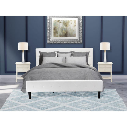 NL19K-2VL0C 3 Pc Bed Set - 1 Bed White Velvet Fabric Headboard and 2 Nightstands - Wire Brushed Butter Cream Finish Nightstand