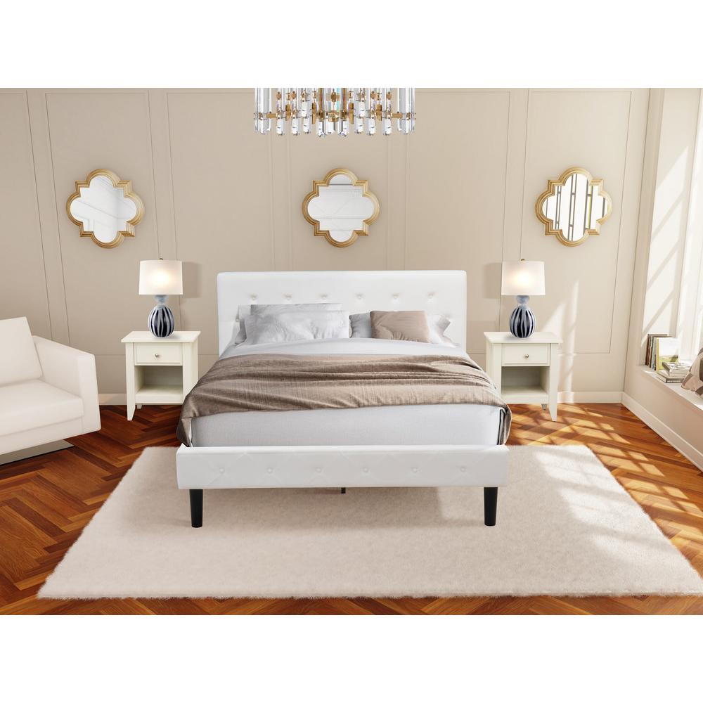 NL19Q-2GA0C 3 Pc Bed Set - 1 Bed White Velvet Fabric Headboard and 2 nightstands - Wire Brushed Butter Cream Finish Nightstand