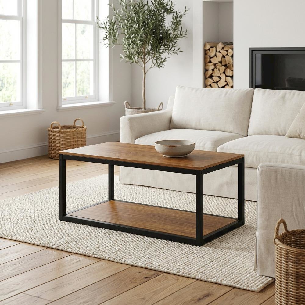 Black Mid Century Modern Coffee Table with Solid Wood and Powder Coating