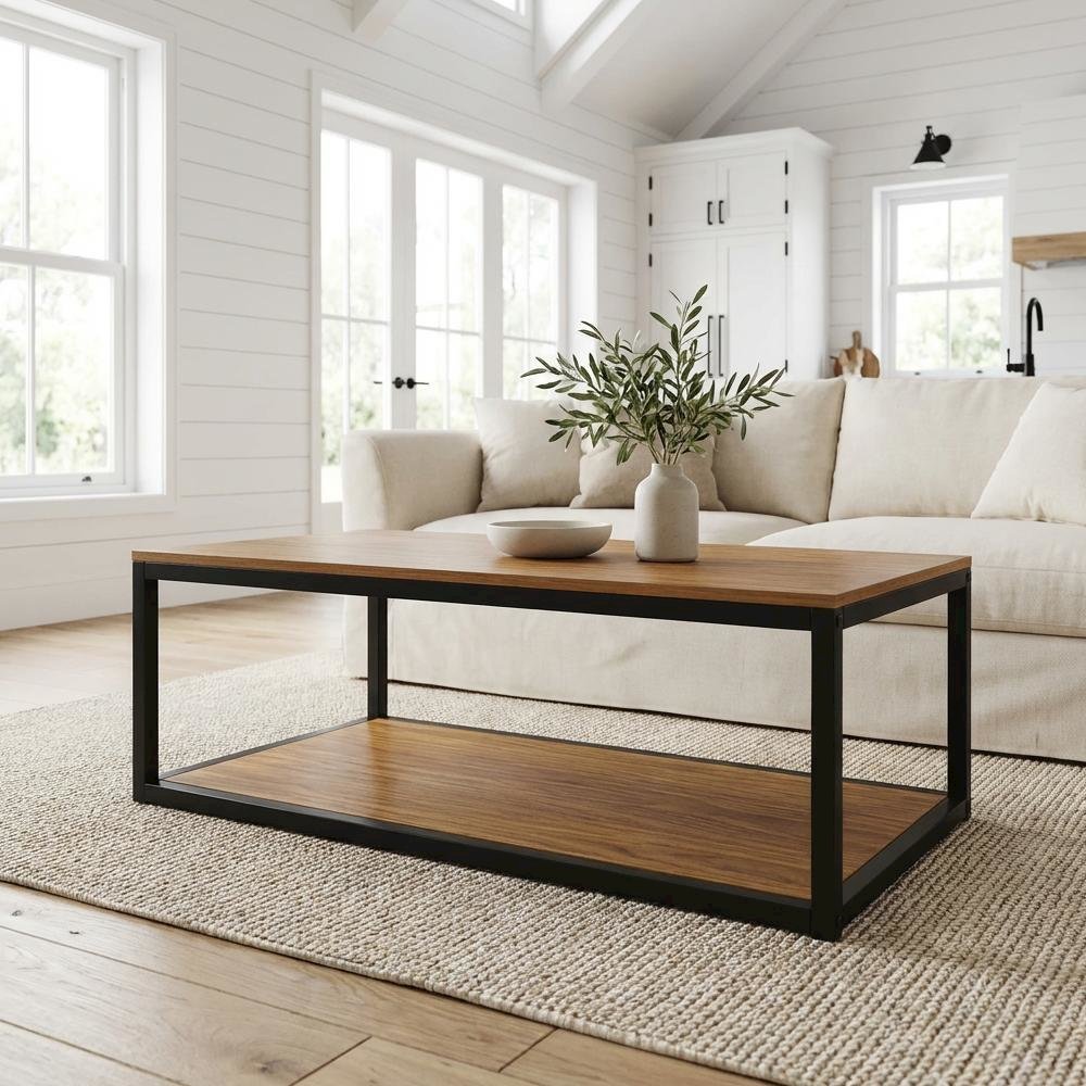 Black Mid Century Modern Coffee Table with Solid Wood and Powder Coating
