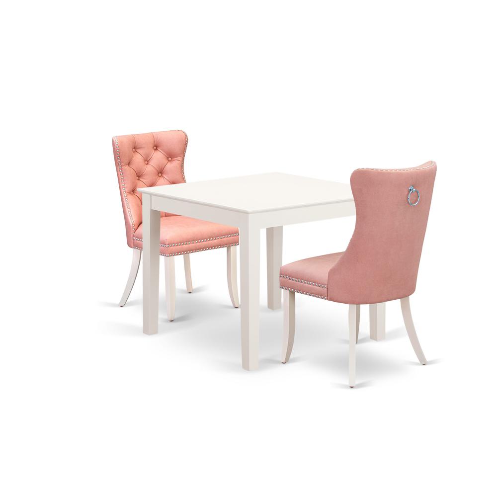 East West Furniture Oxford 3 Piece Dining Room Set Includes a Square Kitchen Table and 2 Upholstered Parson Chairs, 36x36 Inch, Linen White