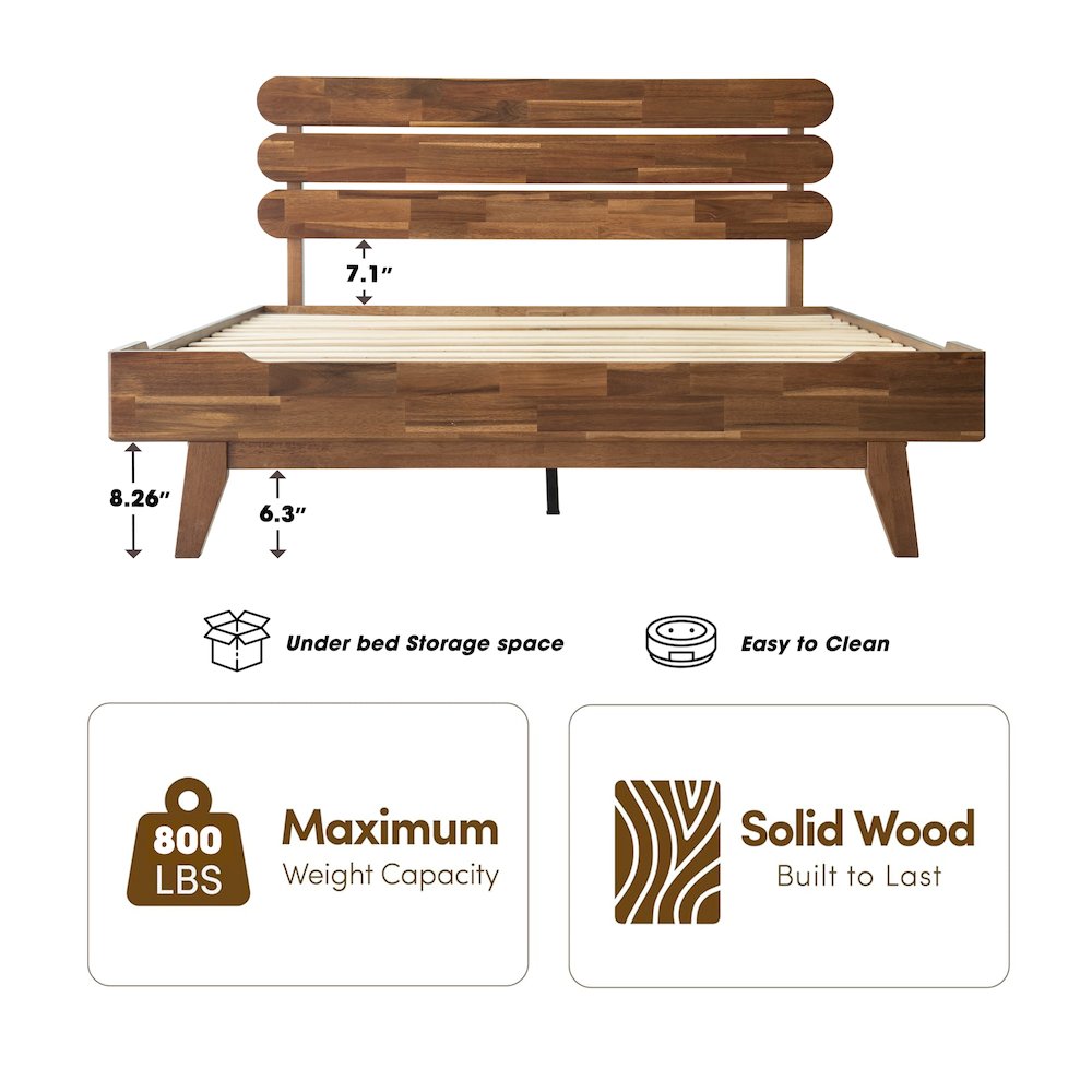 Full Wooden Platform Bed Frame, Walnut Finish, Morden Style