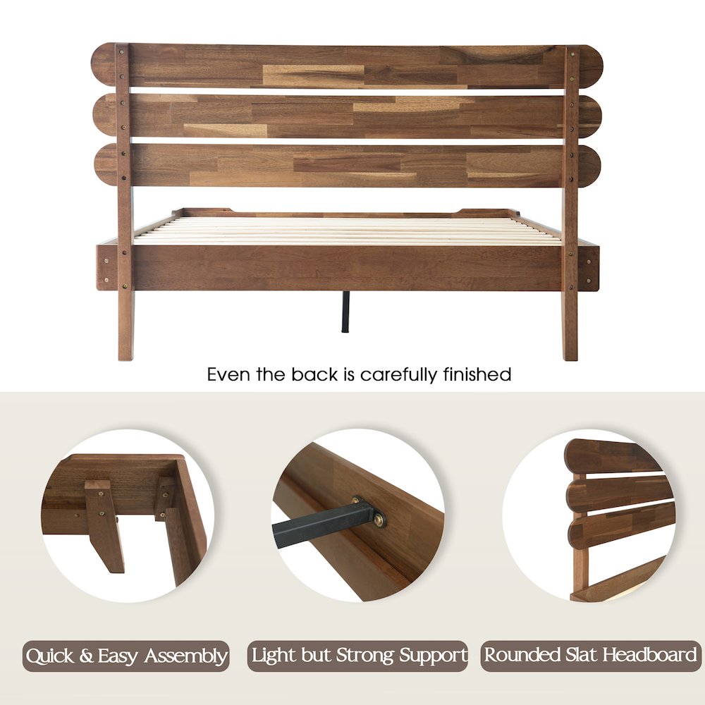 Full Wooden Platform Bed Frame, Walnut Finish, Morden Style