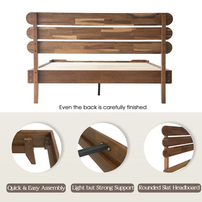 Full Wooden Platform Bed Frame, Walnut Finish, Morden Style