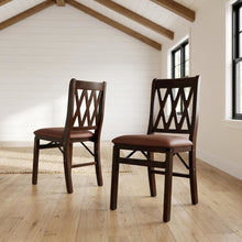 Solid Wood Dining Chairs with PU Leather Seat and 3-X Back, Mahogany, Set of 2