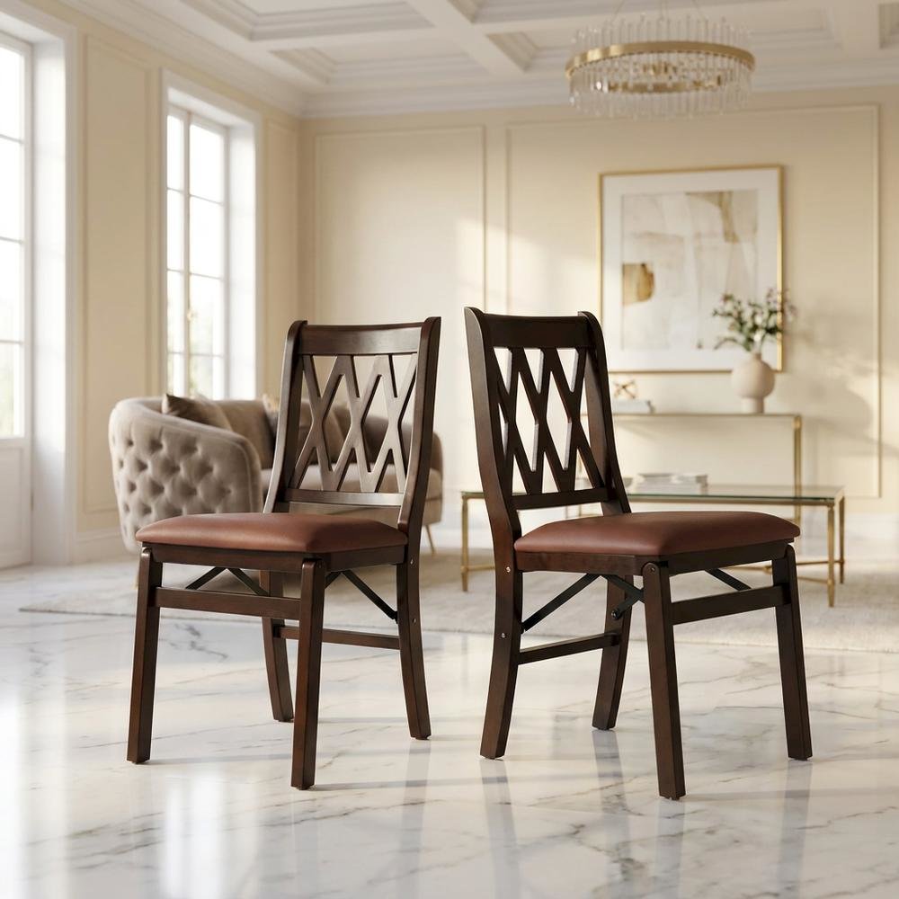 Solid Wood Dining Chairs with PU Leather Seat and 3-X Back, Mahogany, Set of 2