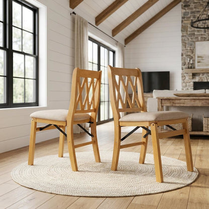 Solid Wood Dining Chairs with PU Leather Seat and 3-X Back, Oak, Set of 2