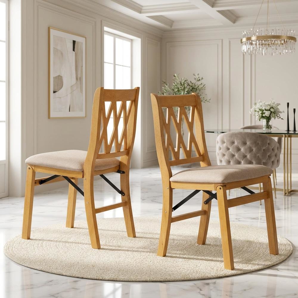 Solid Wood Dining Chairs with PU Leather Seat and 3-X Back, Oak, Set of 2