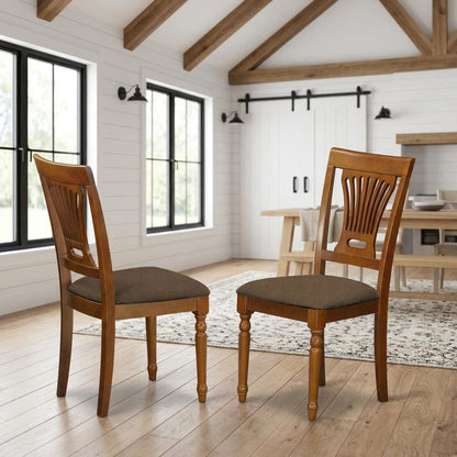 Solid Wood Dining Chair with Linen Fabric Cushion Seat, Set of 2, Saddle Brown