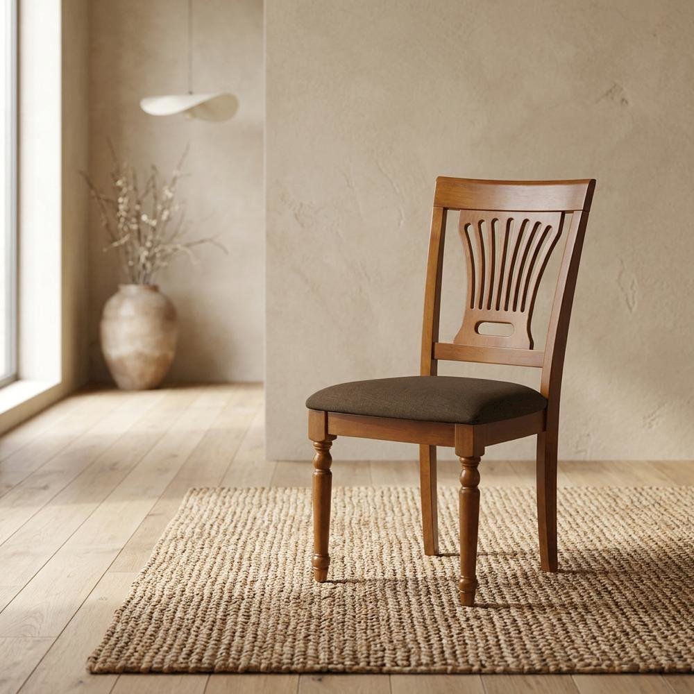 Solid Wood Dining Chair with Linen Fabric Cushion Seat, Set of 2, Saddle Brown