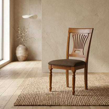 Solid Wood Dining Chair with Linen Fabric Cushion Seat, Set of 2, Saddle Brown