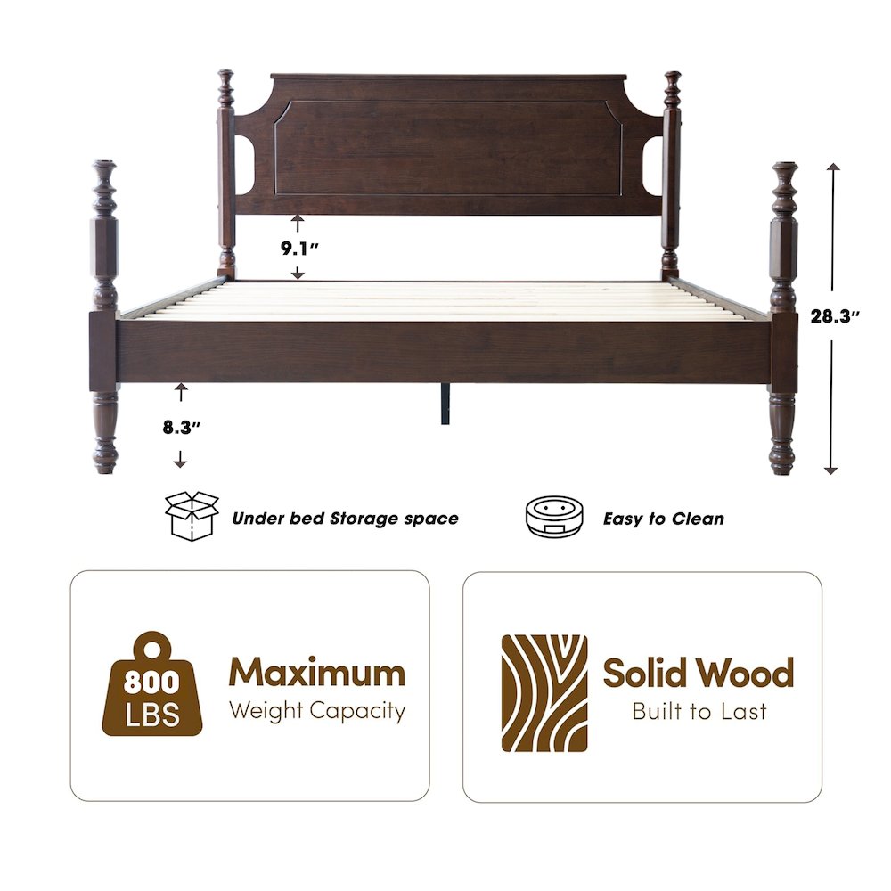 Queen Wooden Platform Bed Frame, Dark Roast Oak Finish, Traditional Style