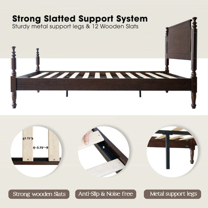 Queen Wooden Platform Bed Frame, Dark Roast Oak Finish, Traditional Style
