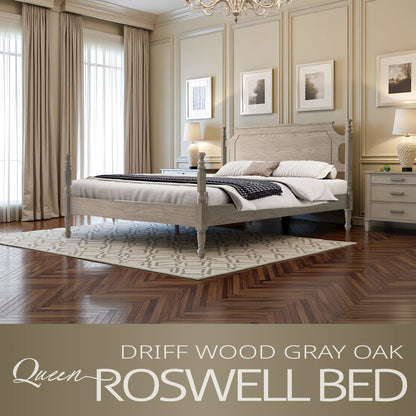 Queen Wooden Platform Bed Frame, Driftwood Gray Oak Finish, Traditional Style