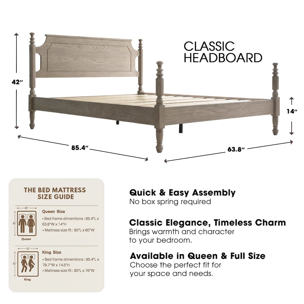 Queen Wooden Platform Bed Frame, Driftwood Gray Oak Finish, Traditional Style