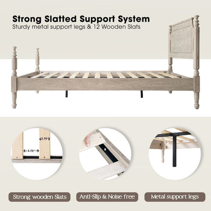 Queen Wooden Platform Bed Frame, Driftwood Gray Oak Finish, Traditional Style