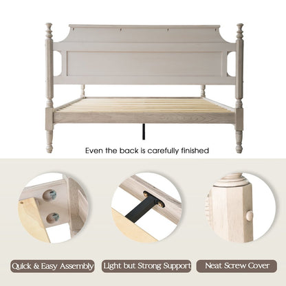 Queen Wooden Platform Bed Frame, Driftwood Gray Oak Finish, Traditional Style