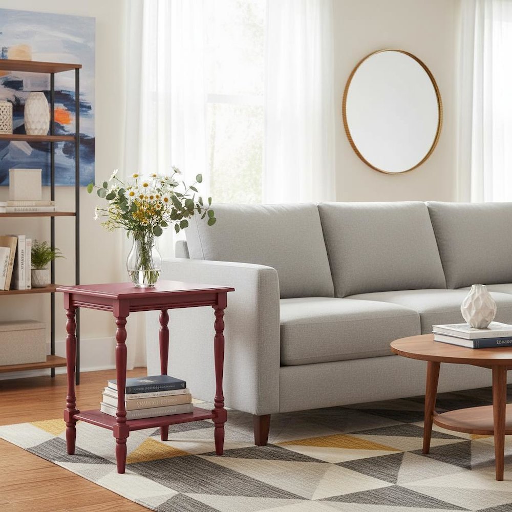 Modern End Table, Burgundy Finish, Open Shelf, Nightstand, Wood