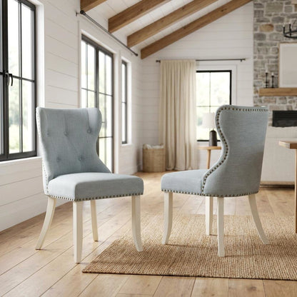 Linen Parsons Dining Chairs, Button-Tufted High Back, Baby Blue, Set of 2