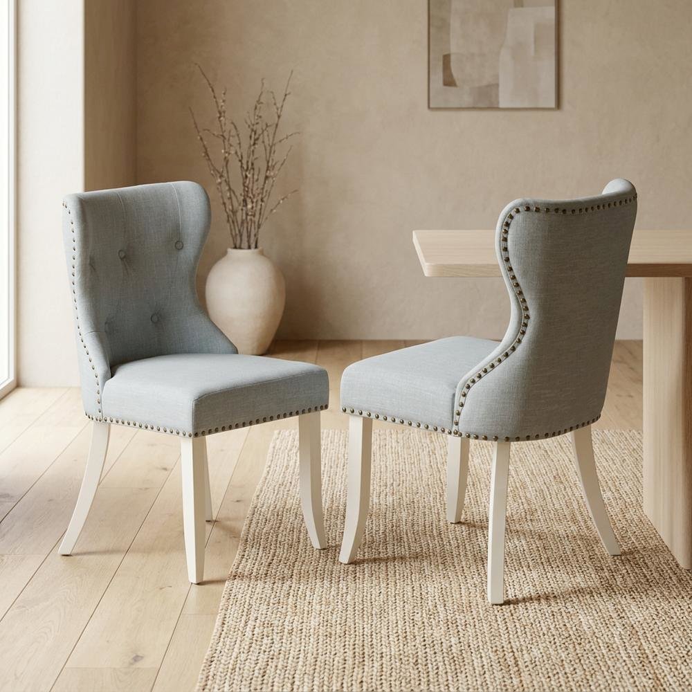 Linen Parsons Dining Chairs, Button-Tufted High Back, Baby Blue, Set of 2