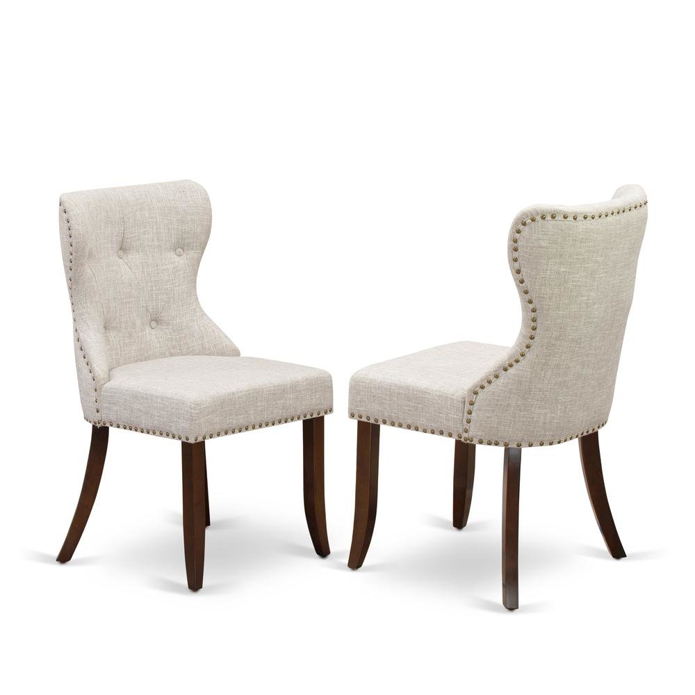 Linen Dining Chairs with Button-Tufted Nailhead Wood Frame, Mahogany, Set of 2
