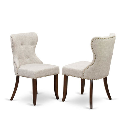 Linen Dining Chairs with Button-Tufted Nailhead Wood Frame, Mahogany, Set of 2