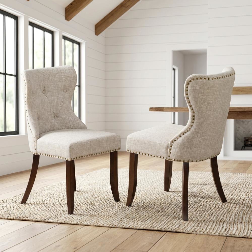 Linen Dining Chairs with Button-Tufted Nailhead Wood Frame, Mahogany, Set of 2